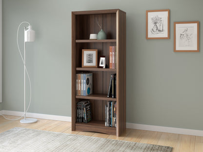 Brown 4 shelf bookcase with a sleek design, featuring sturdy wooden construction, smooth finish, and ample storage space for books and decor. Ideal for home or office use, blending functionality with style.