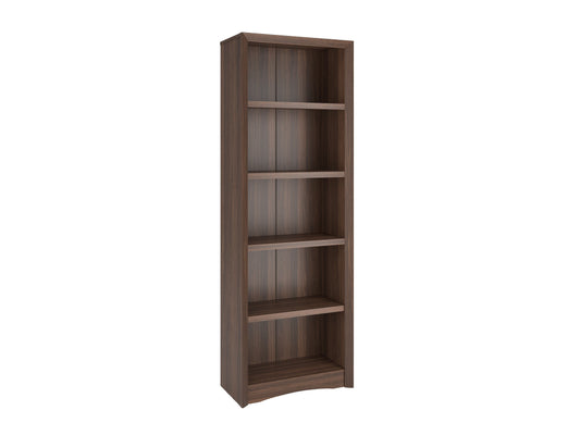 Brown wooden 5-shelf bookcase with adjustable shelves, smooth finish, and sturdy construction. Ideal for organizing books, decor, and office supplies in home or office settings.