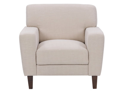 Beige armchair with wooden legs, soft linen upholstery, tufted backrest, and cushioned seat. Ideal for living room or office, offering comfort and style.