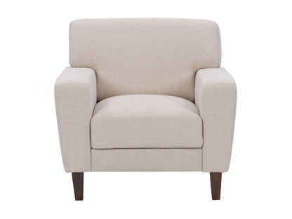 Beige armchair with wooden legs, soft linen upholstery, tufted backrest, and cushioned seat. Ideal for living room or office, offering comfort and style.