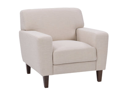 Beige armchair with wooden legs, soft linen upholstery, tufted backrest, and cushioned seat. Ideal for living room or office, offering comfort and style.