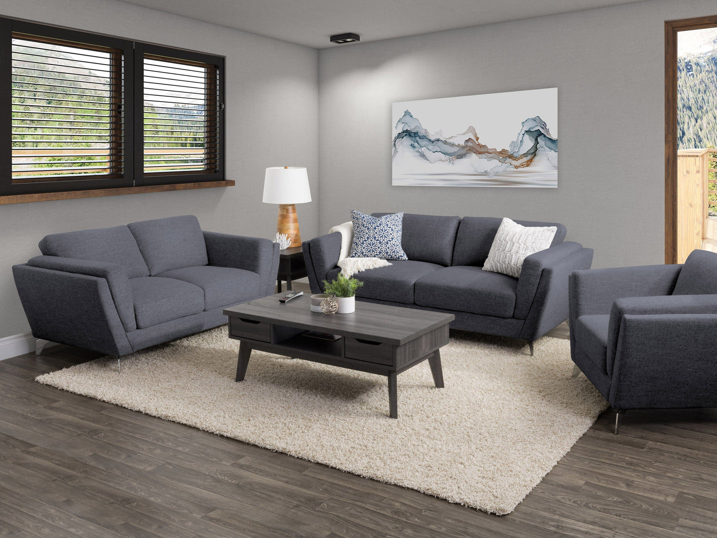 Deep blue 3 seater sofa with plush cushions, sleek wooden legs, and soft velvet upholstery, perfect for modern living rooms and contemporary decor.