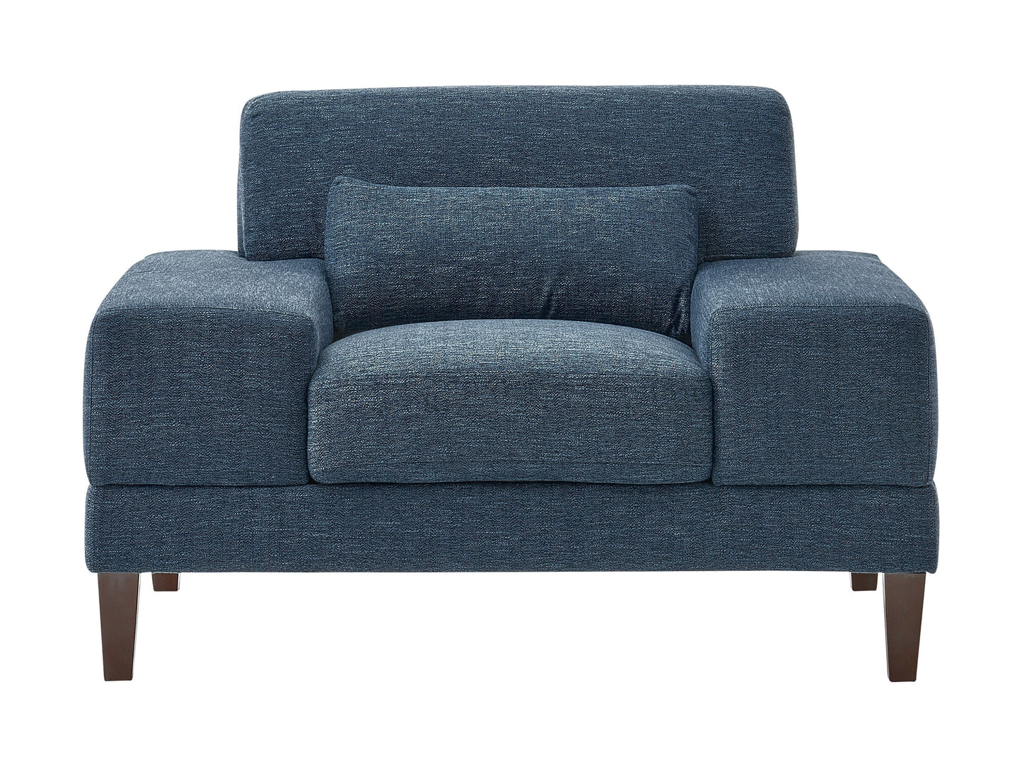 Wide blue armchair with plush cushions, wide armrests, and wooden legs. Upholstered in soft, textured fabric, perfect for living rooms or reading nooks.