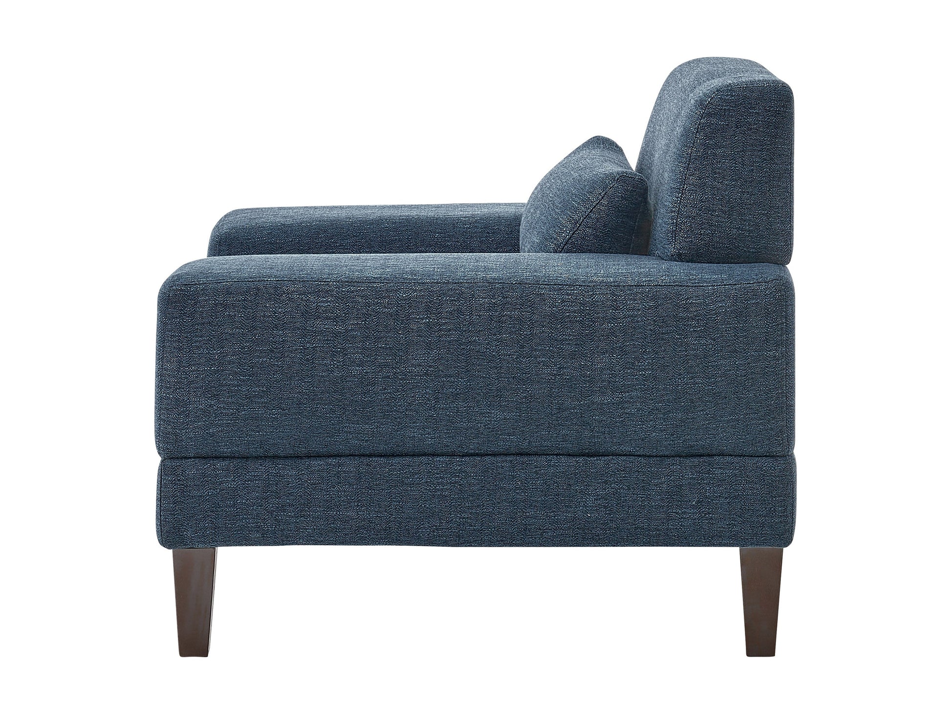 Wide blue armchair with plush cushions, wide armrests, and wooden legs. Upholstered in soft, textured fabric, perfect for living rooms or reading nooks.