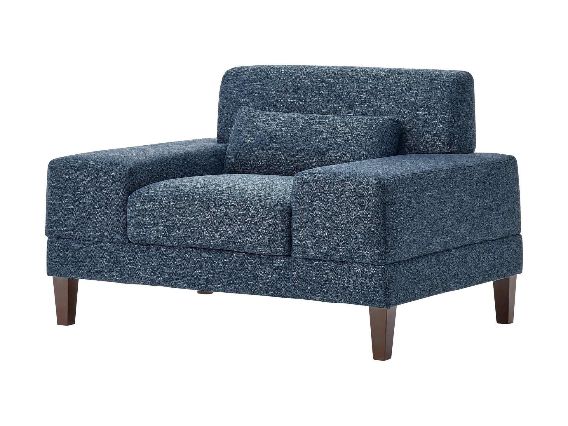 Wide blue armchair with plush cushions, wide armrests, and wooden legs. Upholstered in soft, textured fabric, perfect for living rooms or reading nooks.