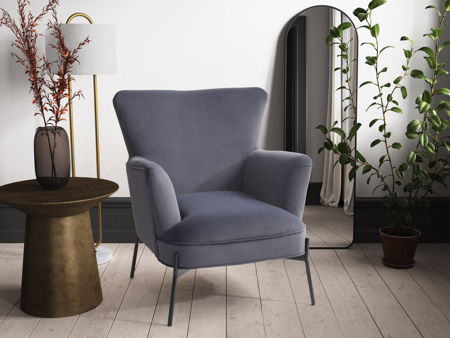 Grey modern wingback accent chair with high back, tapered wooden legs, and soft fabric upholstery. Features a sleek design with button-tufted detailing and curved armrests, perfect for contemporary living spaces.