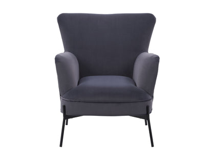 Grey modern wingback accent chair with high back, tapered wooden legs, and soft fabric upholstery. Features a sleek design with button-tufted detailing and curved armrests, perfect for contemporary living spaces.