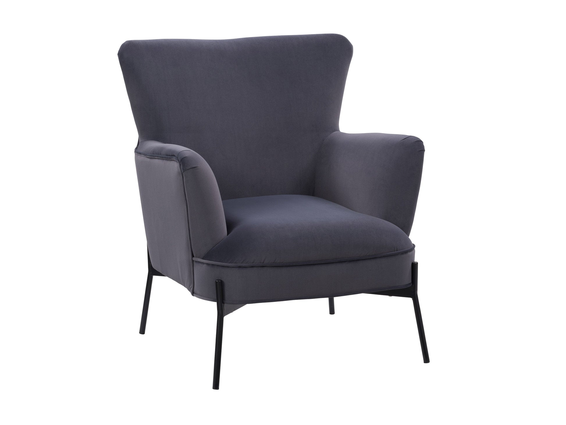 Grey modern wingback accent chair with high back, tapered wooden legs, and soft fabric upholstery. Features a sleek design with button-tufted detailing and curved armrests, perfect for contemporary living spaces.