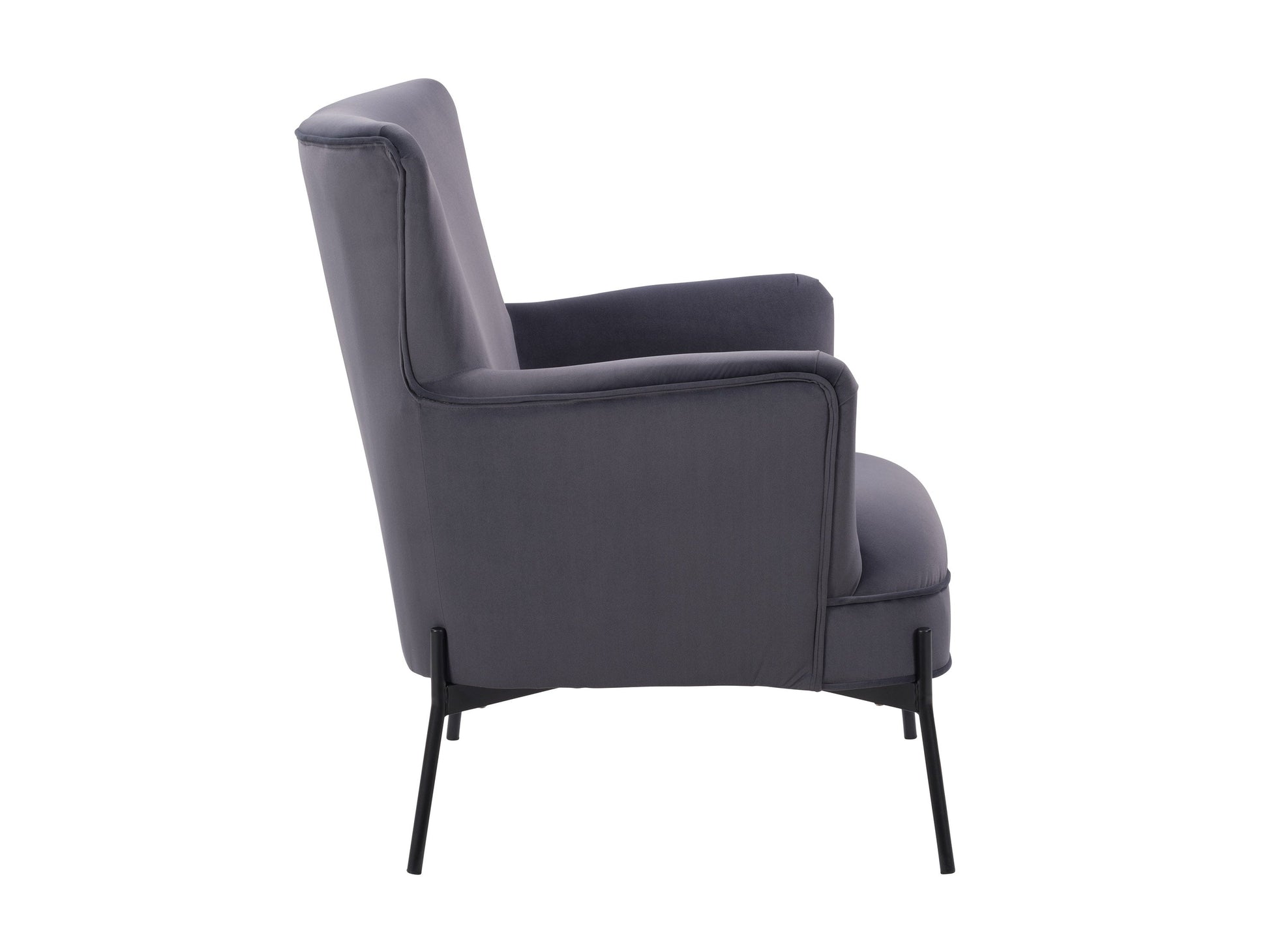 Grey modern wingback accent chair with high back, tapered wooden legs, and soft fabric upholstery. Features a sleek design with button-tufted detailing and curved armrests, perfect for contemporary living spaces.