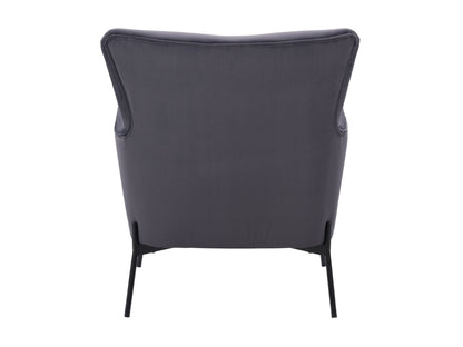 Grey modern wingback accent chair with high back, tapered wooden legs, and soft fabric upholstery. Features a sleek design with button-tufted detailing and curved armrests, perfect for contemporary living spaces.