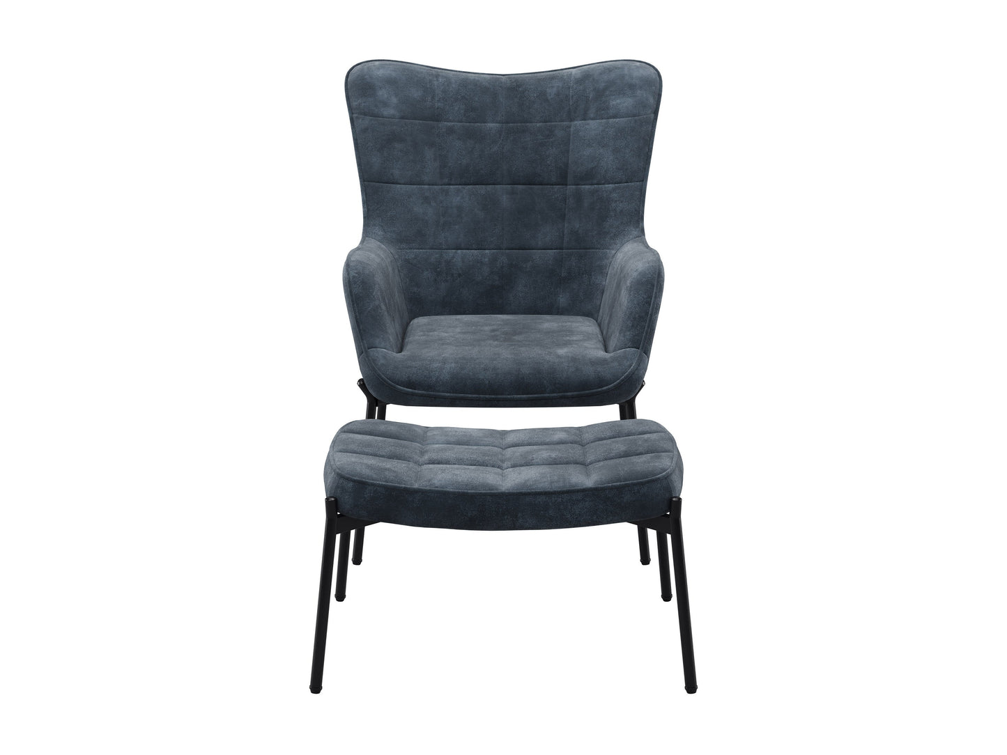 Velvet accent chair with matching ottoman in dark teal, featuring plush upholstery, sleek gold metal legs, and a modern design perfect for living rooms or reading nooks.