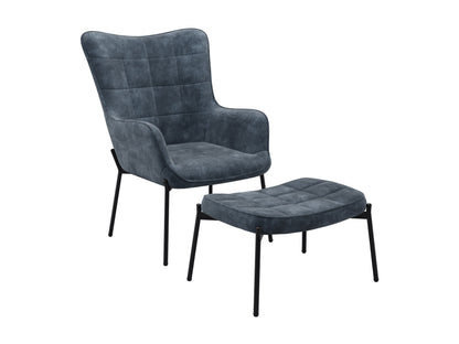 Velvet accent chair with matching ottoman in dark teal, featuring plush upholstery, sleek gold metal legs, and a modern design perfect for living rooms or reading nooks.