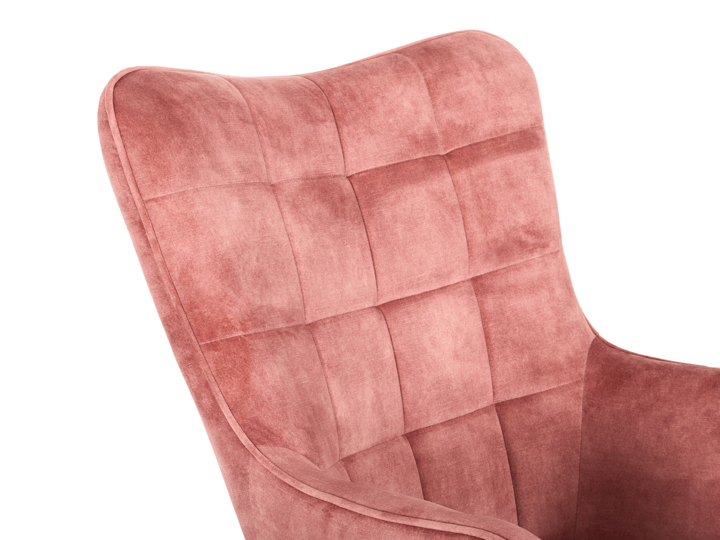 Salmon pink velvet accent chair with matching ottoman, featuring plush cushioning, sleek gold legs, and a modern, stylish design perfect for living rooms or bedrooms.