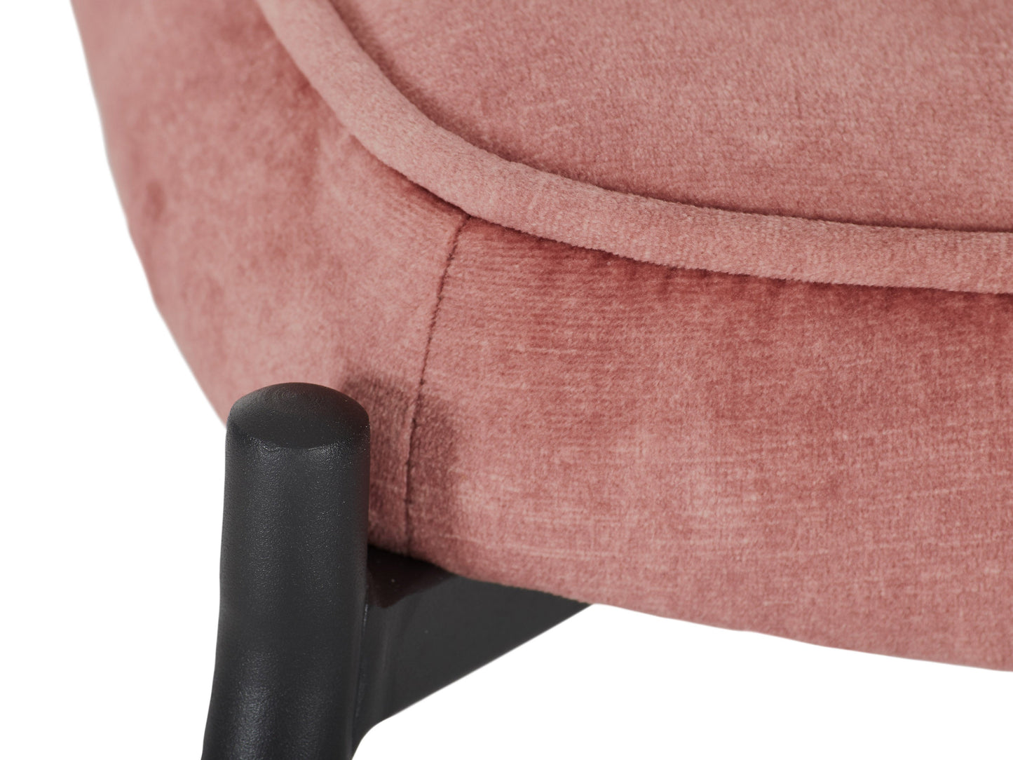 Salmon pink velvet accent chair with matching ottoman, featuring plush cushioning, sleek gold legs, and a modern, stylish design perfect for living rooms or bedrooms.