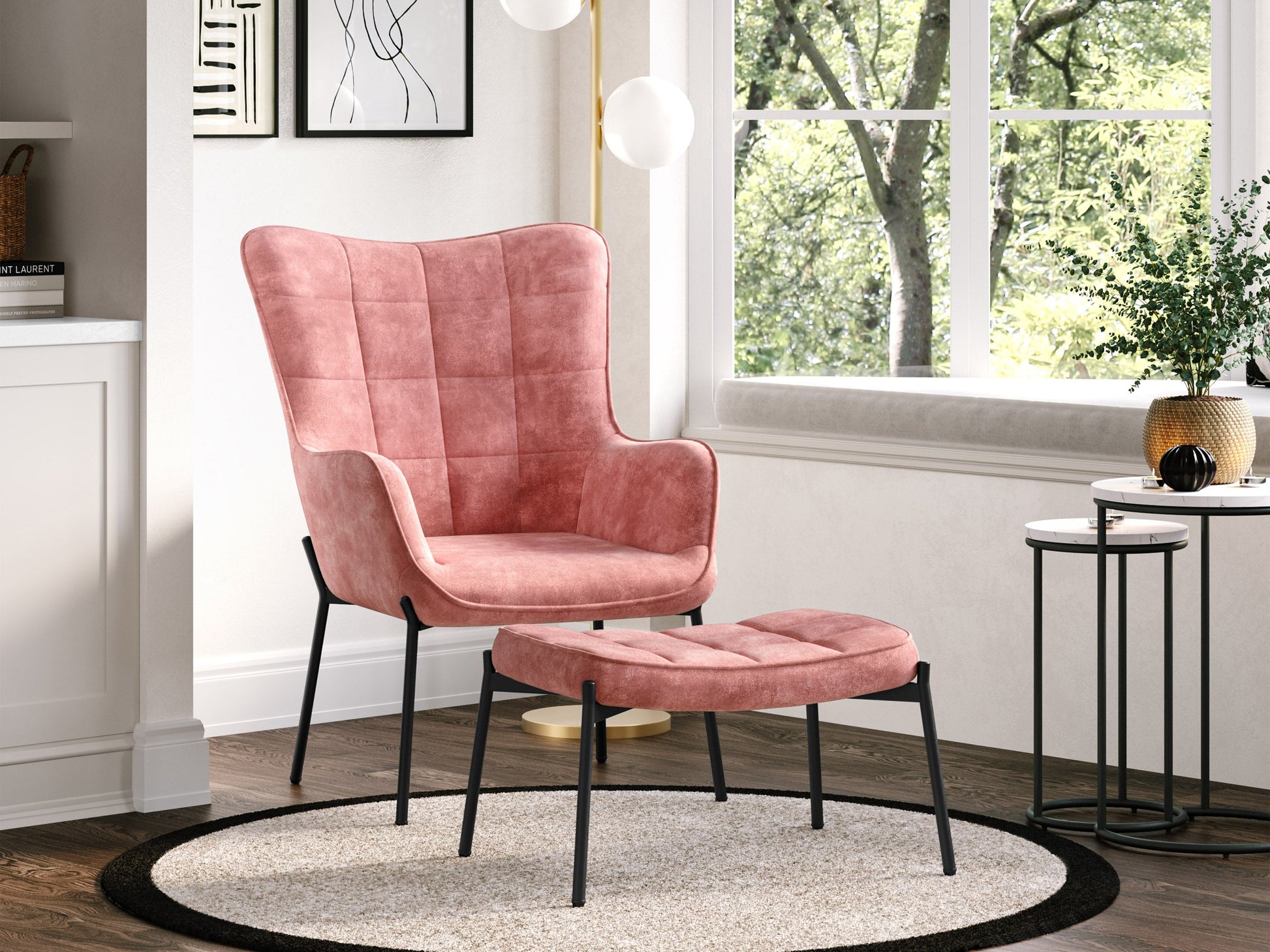 Salmon pink velvet accent chair with matching ottoman, featuring plush cushioning, sleek gold legs, and a modern, stylish design perfect for living rooms or bedrooms.