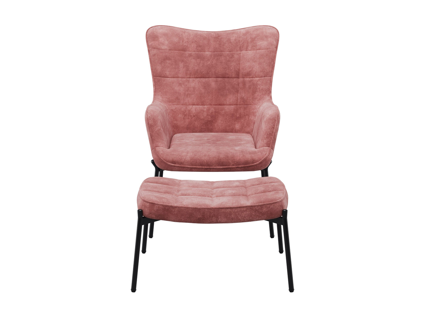 Salmon pink velvet accent chair with matching ottoman, featuring plush cushioning, sleek gold legs, and a modern, stylish design perfect for living rooms or bedrooms.