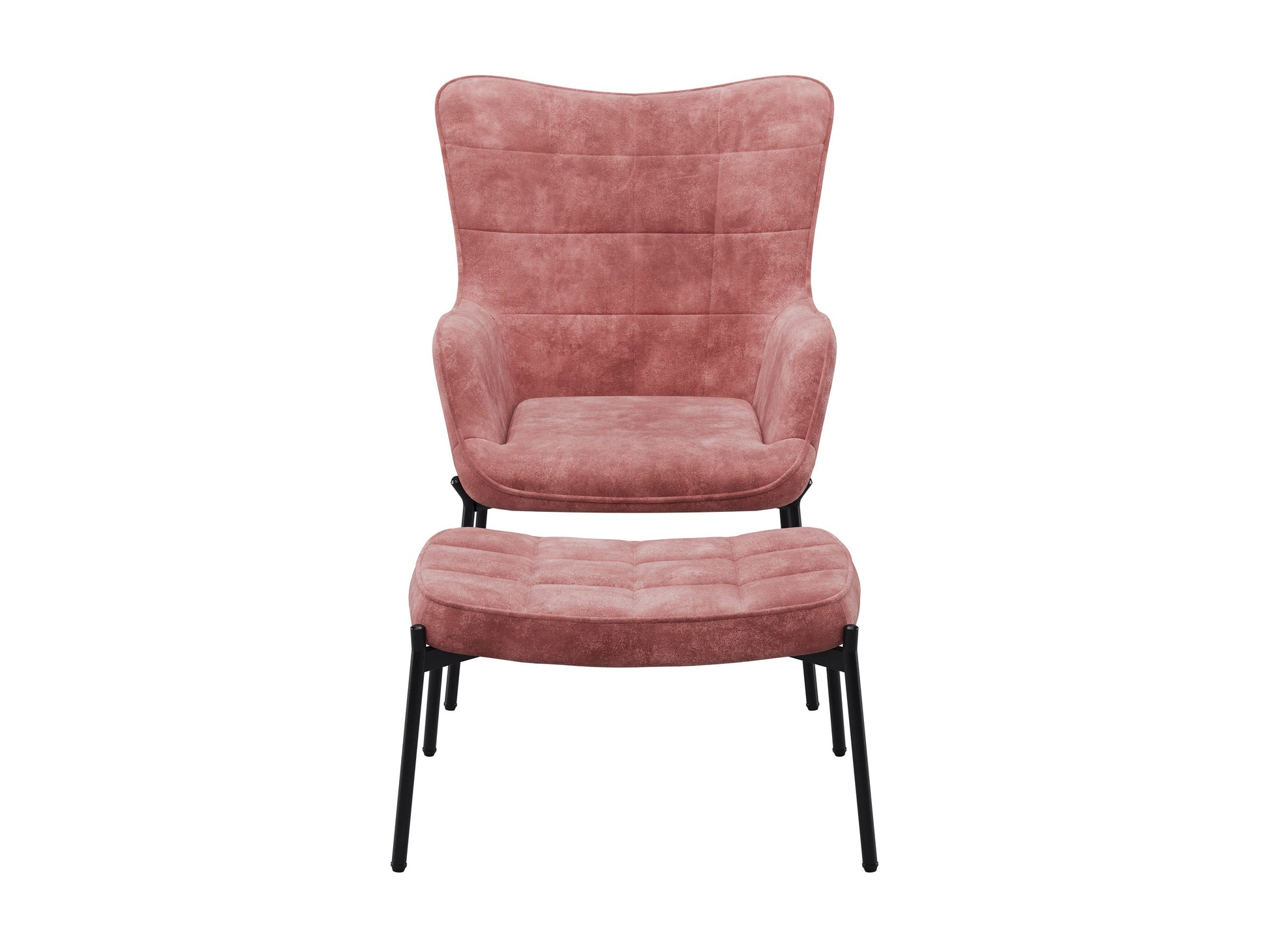 Salmon pink velvet accent chair with matching ottoman, featuring plush cushioning, sleek gold legs, and a modern, stylish design perfect for living rooms or bedrooms.