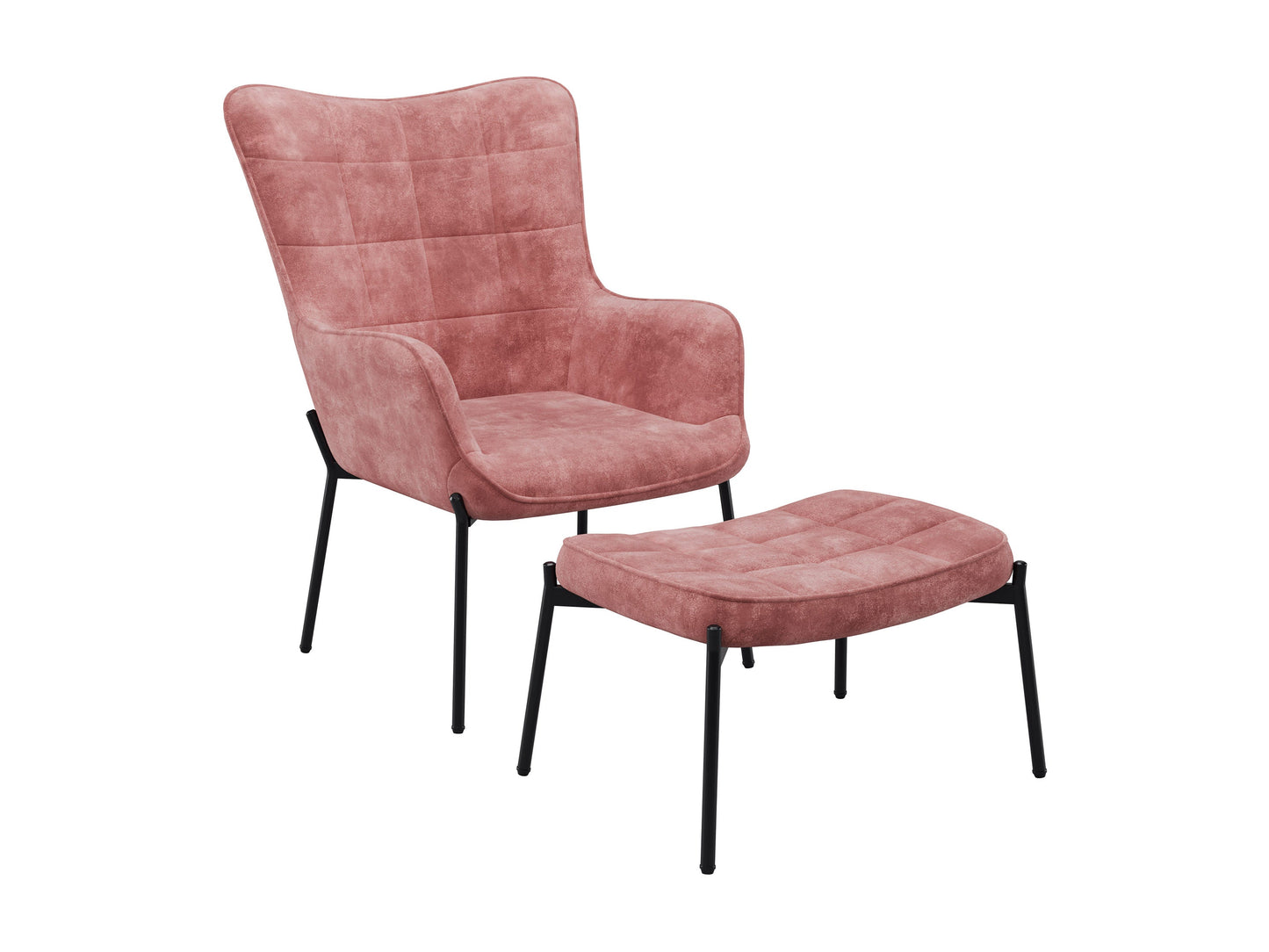 Salmon pink velvet accent chair with matching ottoman, featuring plush cushioning, sleek gold legs, and a modern, stylish design perfect for living rooms or bedrooms.