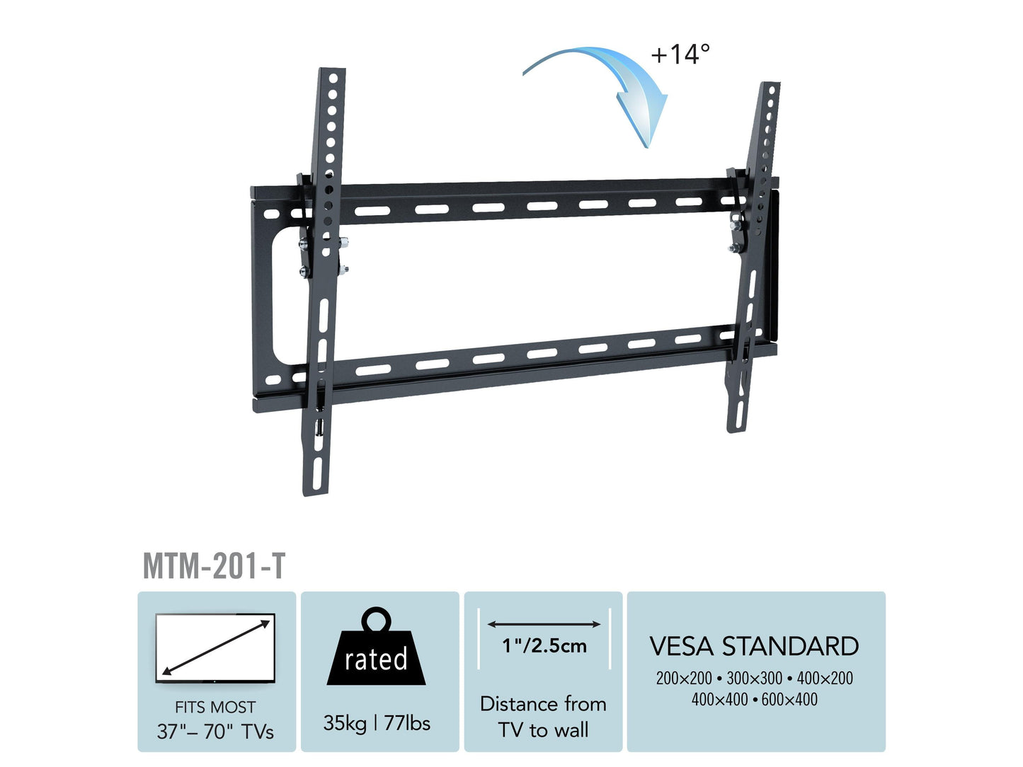 70 inch TV wall mount for 37" to 70" TVs, black steel frame with adjustable tilt and swivel features, mounted on a white living room wall with a modern minimalist design.