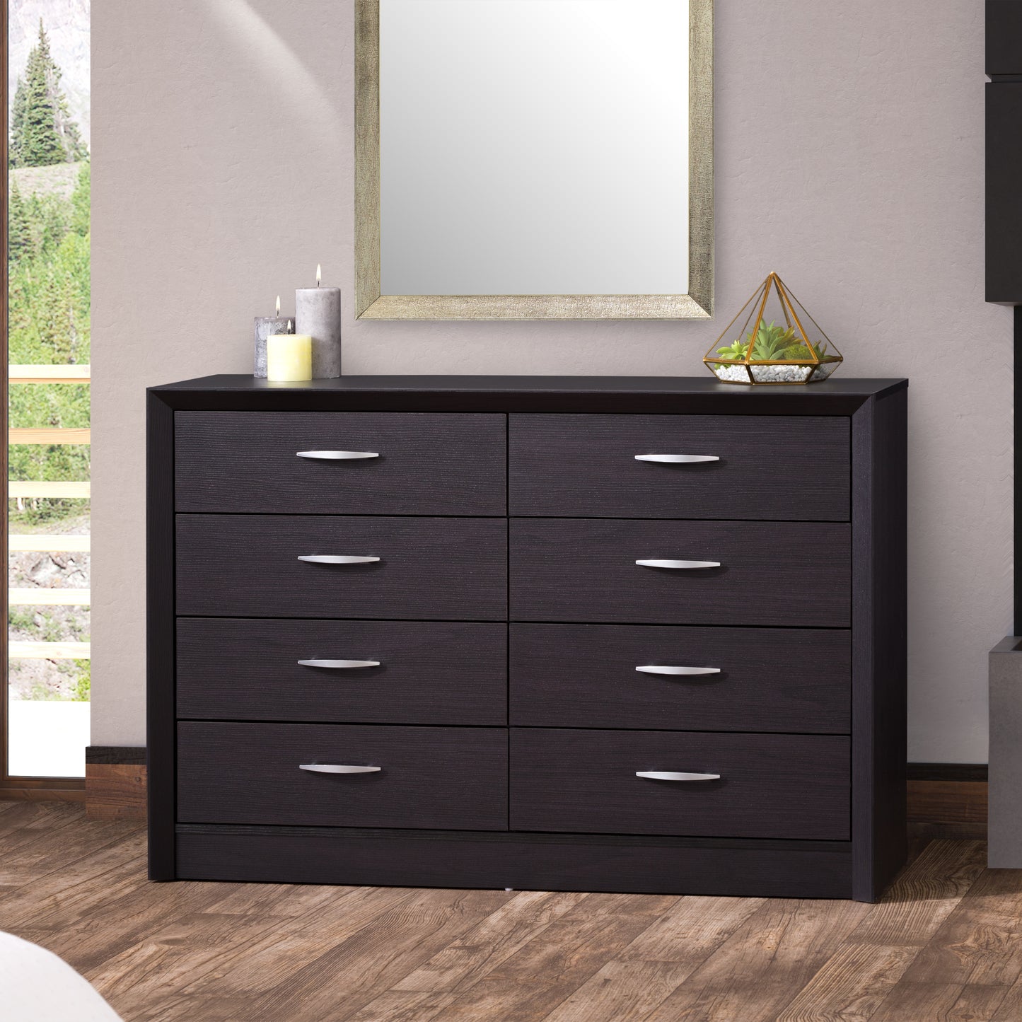 Wide Black Dresser with 8 Interlocking Drawers