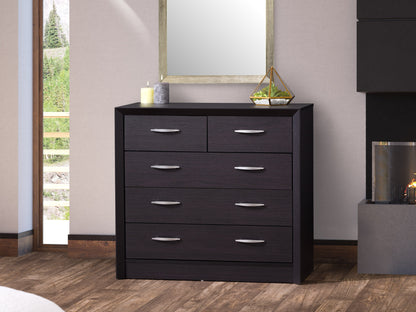 Black mid-century modern dresser with sleek design, tapered wooden legs, and brass handles, featuring a smooth matte finish and spacious drawers for stylish bedroom storage.