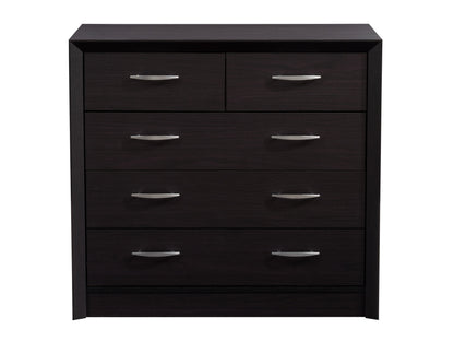 Black mid-century modern dresser with sleek design, tapered wooden legs, and brass handles, featuring a smooth matte finish and spacious drawers for stylish bedroom storage.