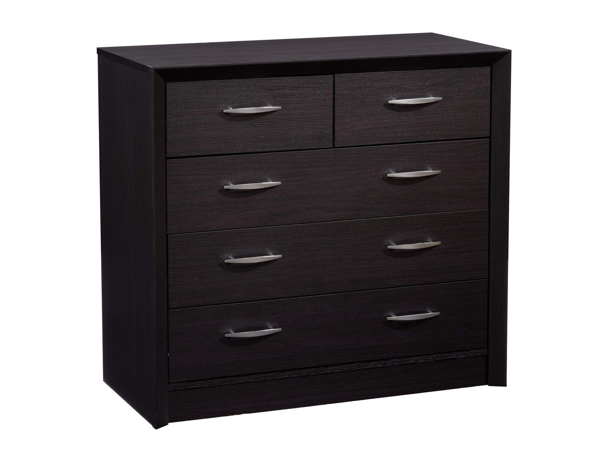 Black mid-century modern dresser with sleek design, tapered wooden legs, and brass handles, featuring a smooth matte finish and spacious drawers for stylish bedroom storage.