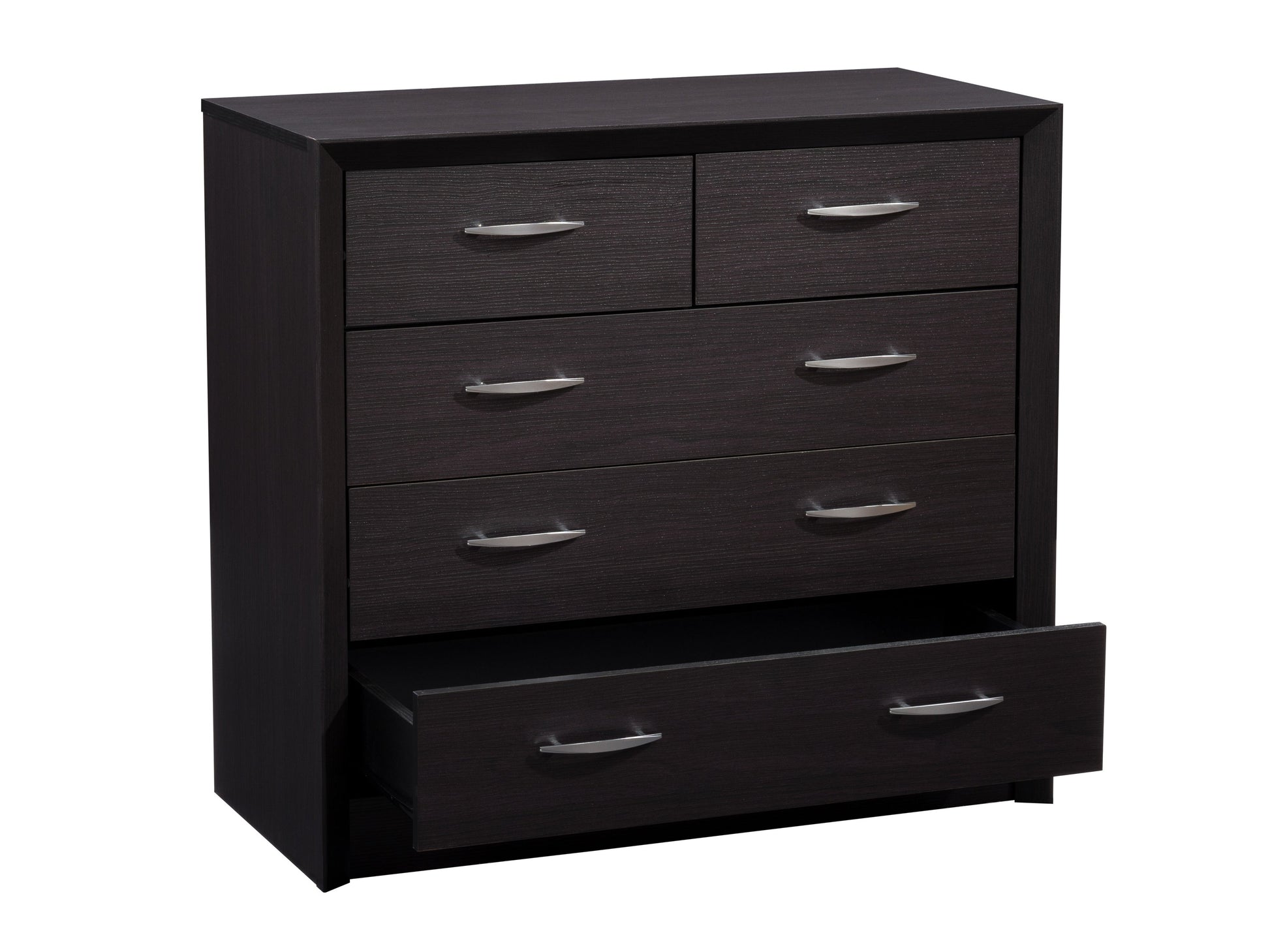 Black mid-century modern dresser with sleek design, tapered wooden legs, and brass handles, featuring a smooth matte finish and spacious drawers for stylish bedroom storage.