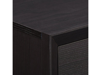 Black mid-century modern nightstand with sleek lines, wooden legs, and two spacious drawers featuring minimalist handles.