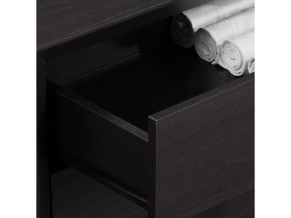 Black mid-century modern nightstand with sleek lines, wooden legs, and two spacious drawers featuring minimalist handles.