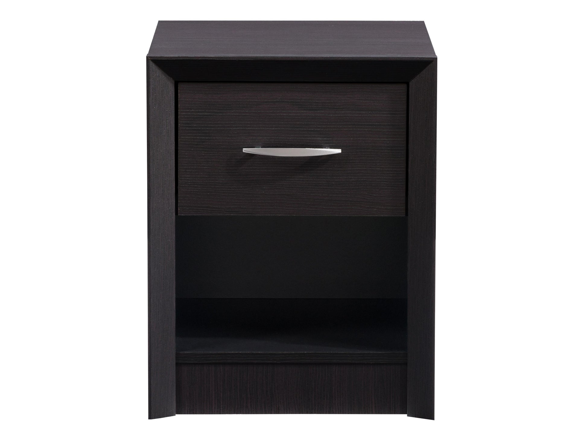 Black mid-century modern nightstand with sleek lines, wooden legs, and two spacious drawers featuring minimalist handles.