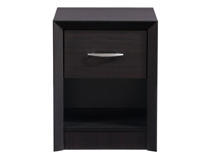 Black mid-century modern nightstand with sleek lines, wooden legs, and two spacious drawers featuring minimalist handles.