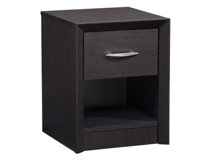 Black mid-century modern nightstand with sleek lines, wooden legs, and two spacious drawers featuring minimalist handles.