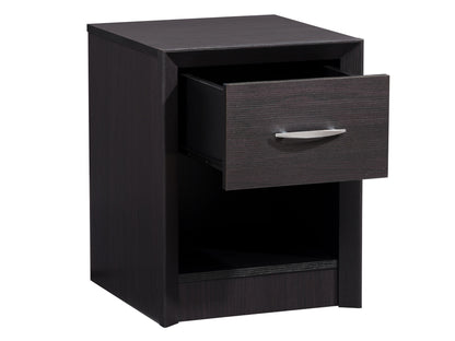 Black mid-century modern nightstand with sleek lines, wooden legs, and two spacious drawers featuring minimalist handles.