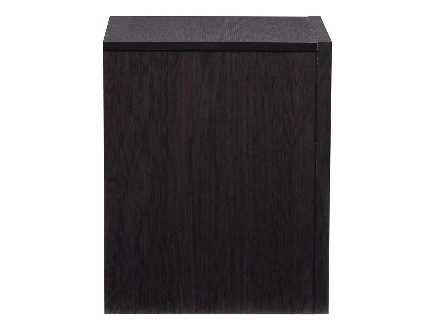 Black mid-century modern nightstand with sleek lines, wooden legs, and two spacious drawers featuring minimalist handles.