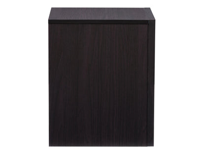 Black mid-century modern nightstand with sleek lines, wooden legs, and two spacious drawers featuring minimalist handles.