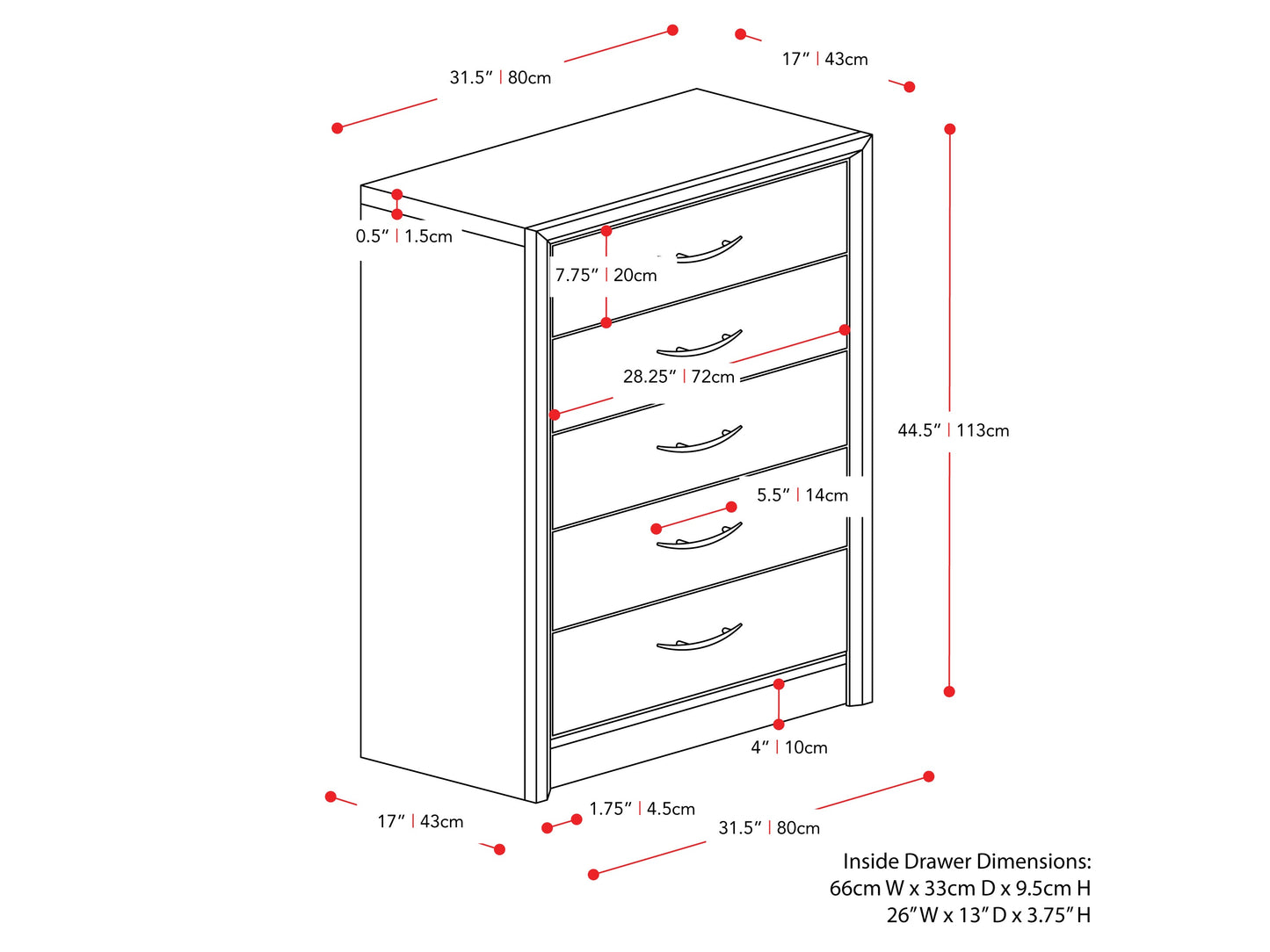 Black tall bedroom dresser with five spacious drawers, sleek modern design, metal handles, and sturdy wooden construction. Ideal for maximizing storage space in contemporary bedroom settings.