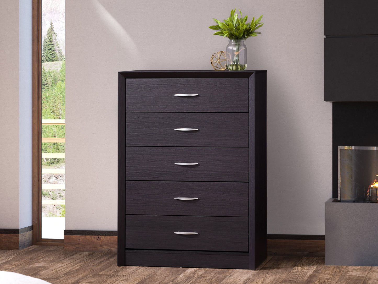 Black tall bedroom dresser with five spacious drawers, sleek modern design, metal handles, and sturdy wooden construction. Ideal for maximizing storage space in contemporary bedroom settings.