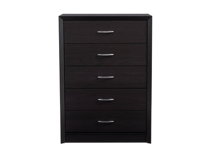 Black tall bedroom dresser with five spacious drawers, sleek modern design, metal handles, and sturdy wooden construction. Ideal for maximizing storage space in contemporary bedroom settings.