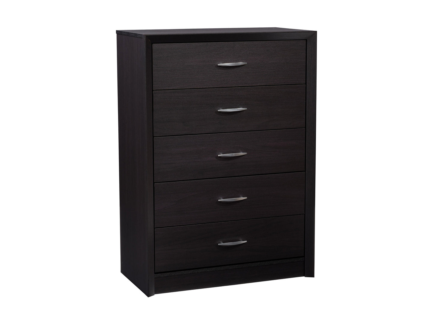 Black tall bedroom dresser with five spacious drawers, sleek modern design, metal handles, and sturdy wooden construction. Ideal for maximizing storage space in contemporary bedroom settings.