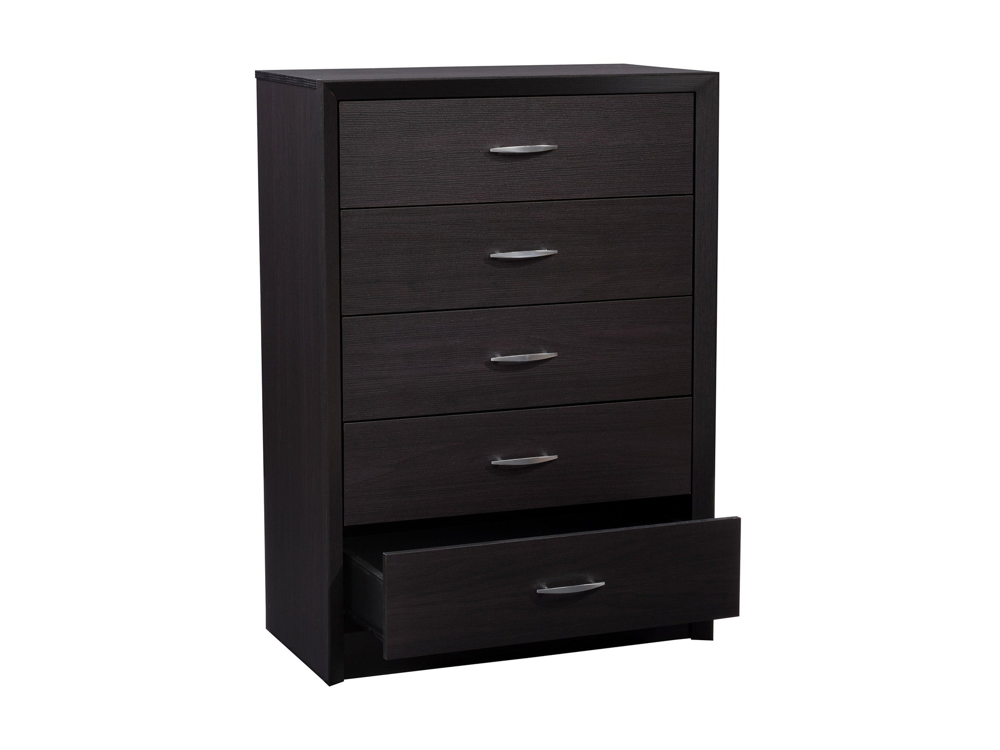 Black tall bedroom dresser with five spacious drawers, sleek modern design, metal handles, and sturdy wooden construction. Ideal for maximizing storage space in contemporary bedroom settings.