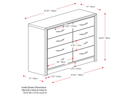 Black 8 drawer dresser with sleek modern design, matte black finish, metal handles, and ample storage space. Ideal for contemporary bedrooms and living spaces. Durable wood construction with smooth drawer operation.