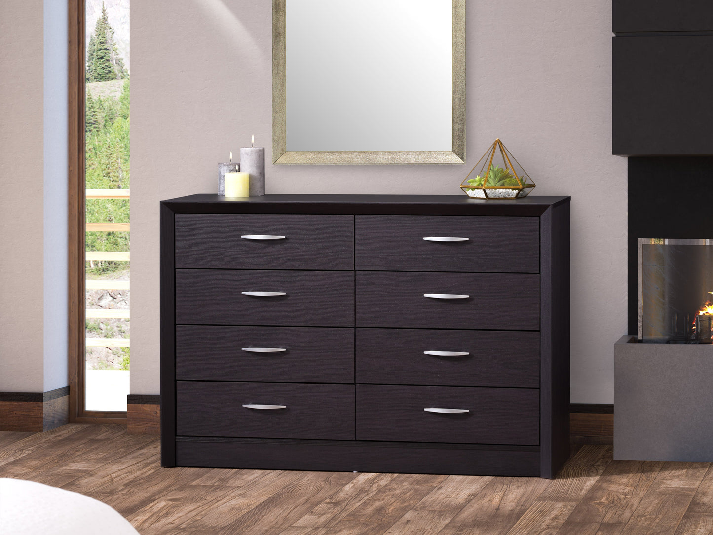 Black 8 drawer dresser with sleek modern design, matte black finish, metal handles, and ample storage space. Ideal for contemporary bedrooms and living spaces. Durable wood construction with smooth drawer operation.