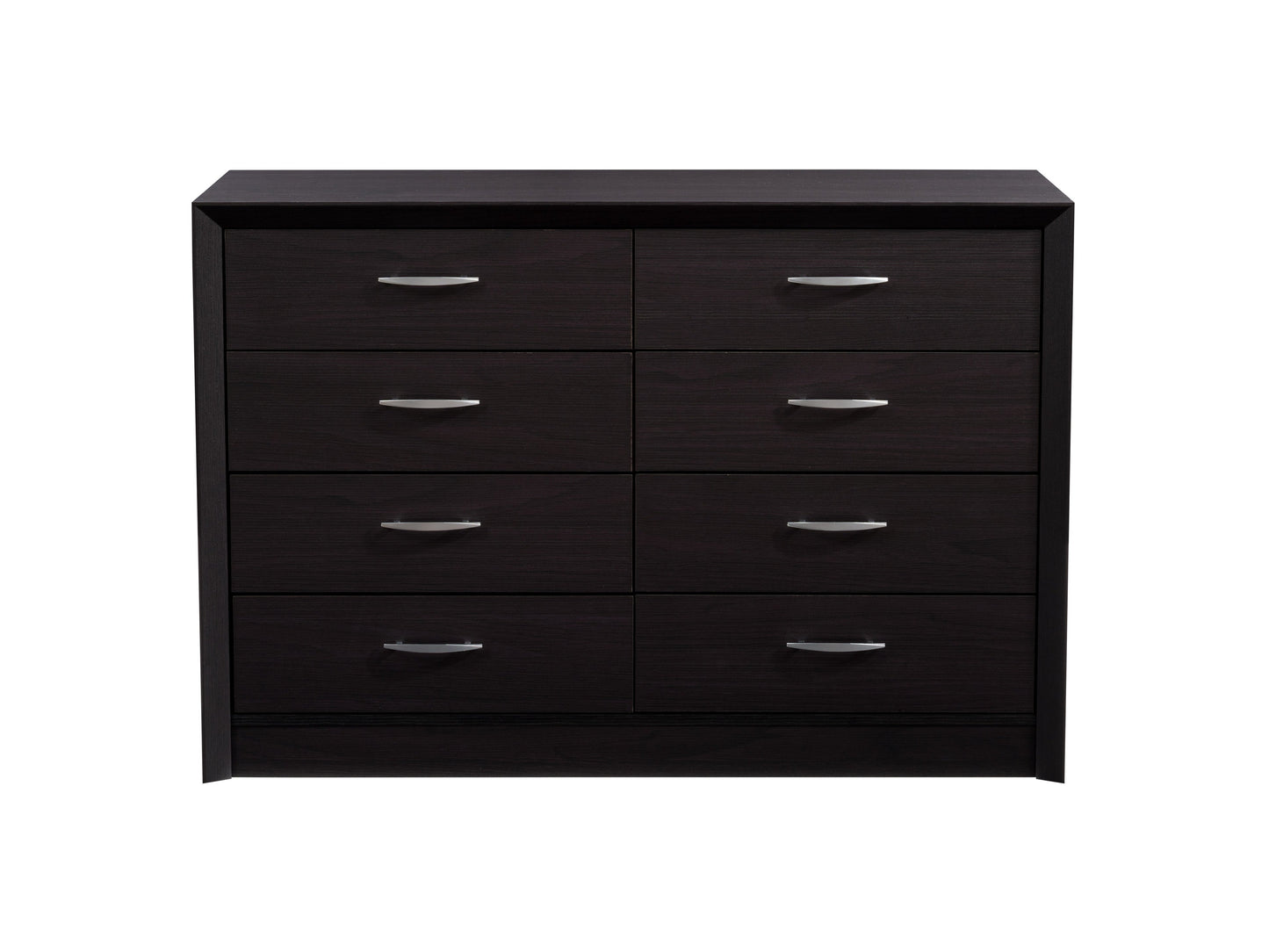 Black 8 drawer dresser with sleek modern design, matte black finish, metal handles, and ample storage space. Ideal for contemporary bedrooms and living spaces. Durable wood construction with smooth drawer operation.