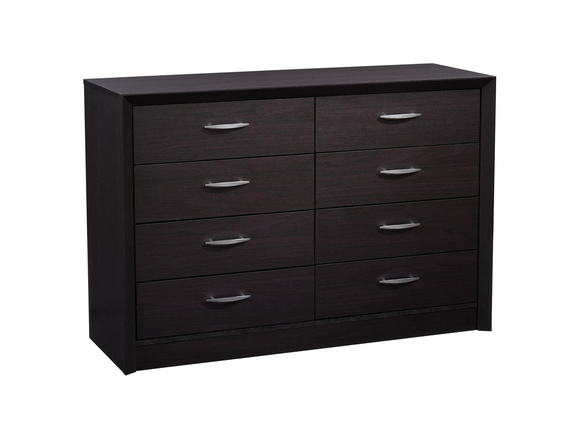 Black 8 drawer dresser with sleek modern design, matte black finish, metal handles, and ample storage space. Ideal for contemporary bedrooms and living spaces. Durable wood construction with smooth drawer operation.