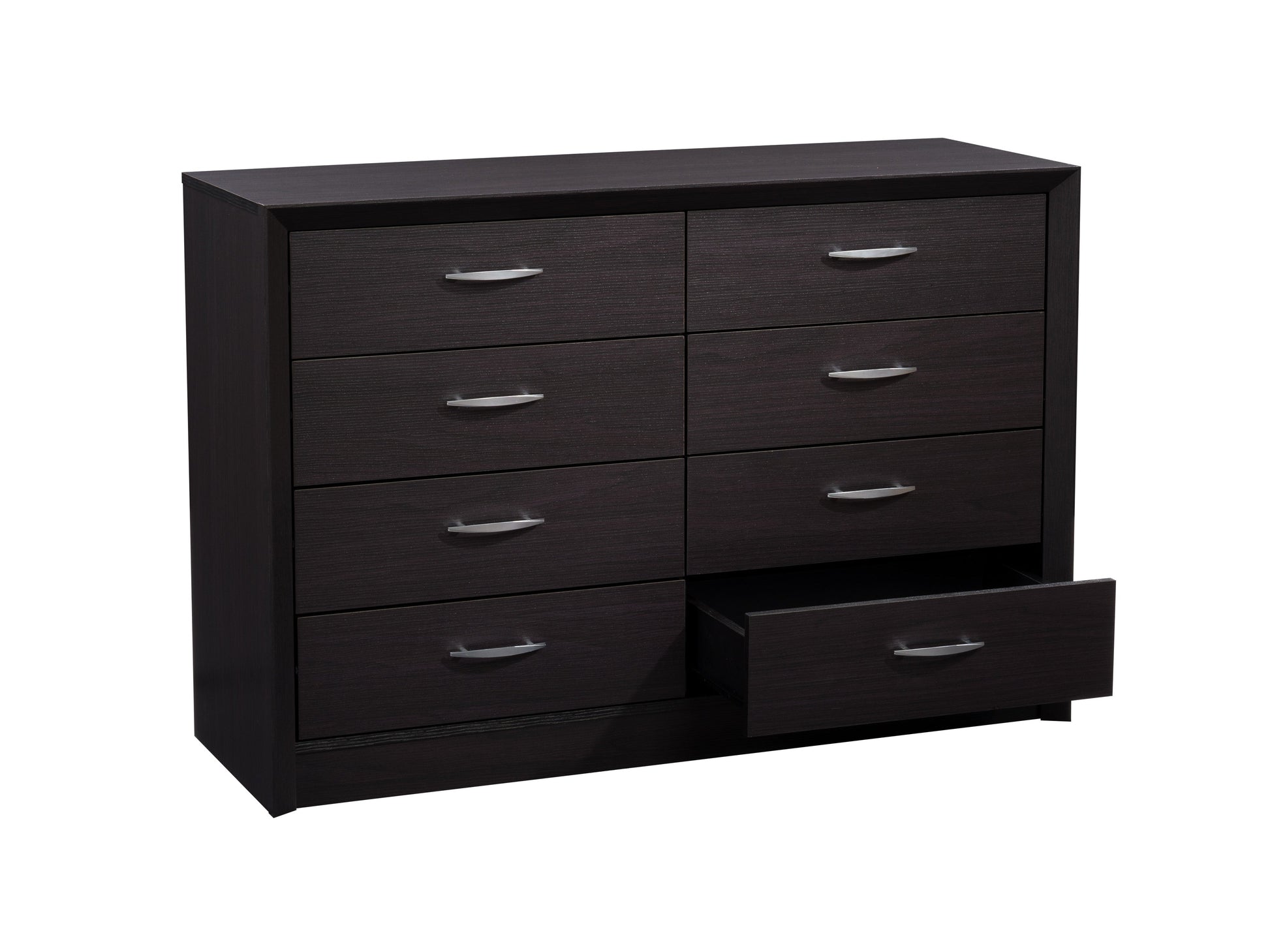 Black 8 drawer dresser with sleek modern design, matte black finish, metal handles, and ample storage space. Ideal for contemporary bedrooms and living spaces. Durable wood construction with smooth drawer operation.