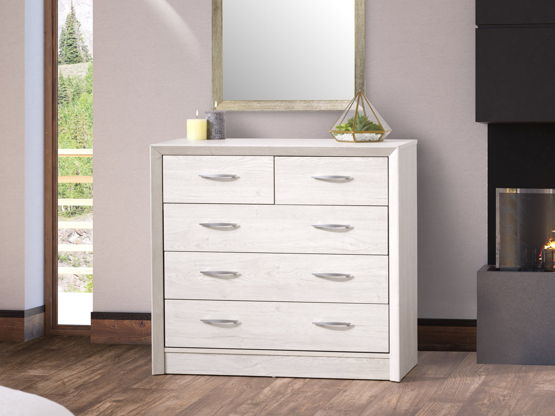 Mid-century modern white-washed oak dresser with six spacious drawers, sleek metal handles, and tapered legs; ideal for bedroom storage and stylish home decor.