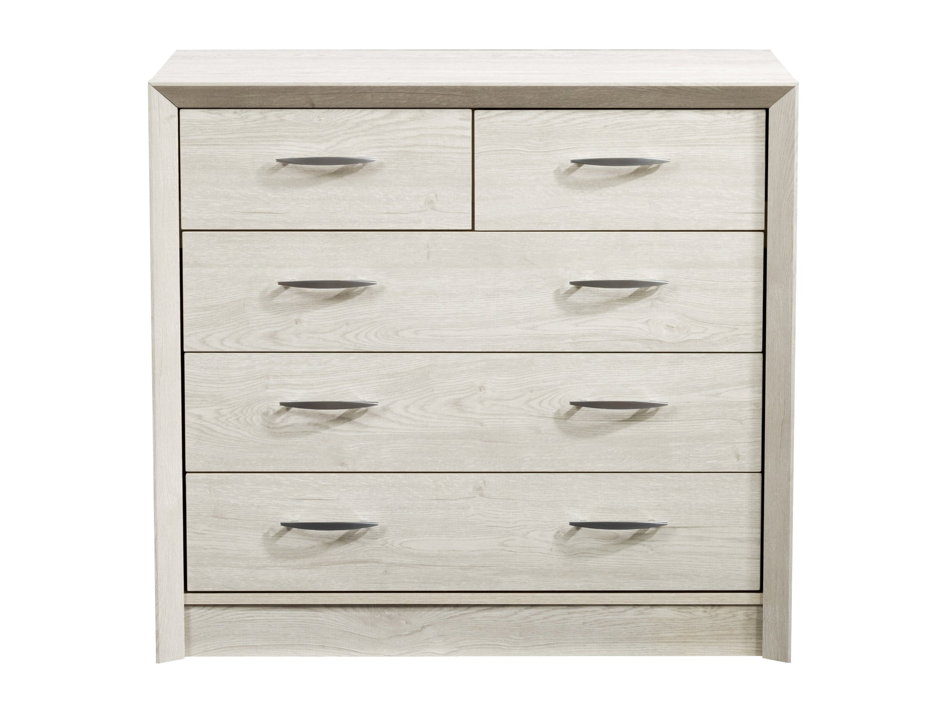 Mid-century modern white-washed oak dresser with six spacious drawers, sleek metal handles, and tapered legs; ideal for bedroom storage and stylish home decor.