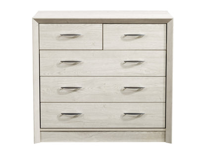 Mid-century modern white-washed oak dresser with six spacious drawers, sleek metal handles, and tapered legs; ideal for bedroom storage and stylish home decor.