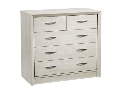 Mid-century modern white-washed oak dresser with six spacious drawers, sleek metal handles, and tapered legs; ideal for bedroom storage and stylish home decor.